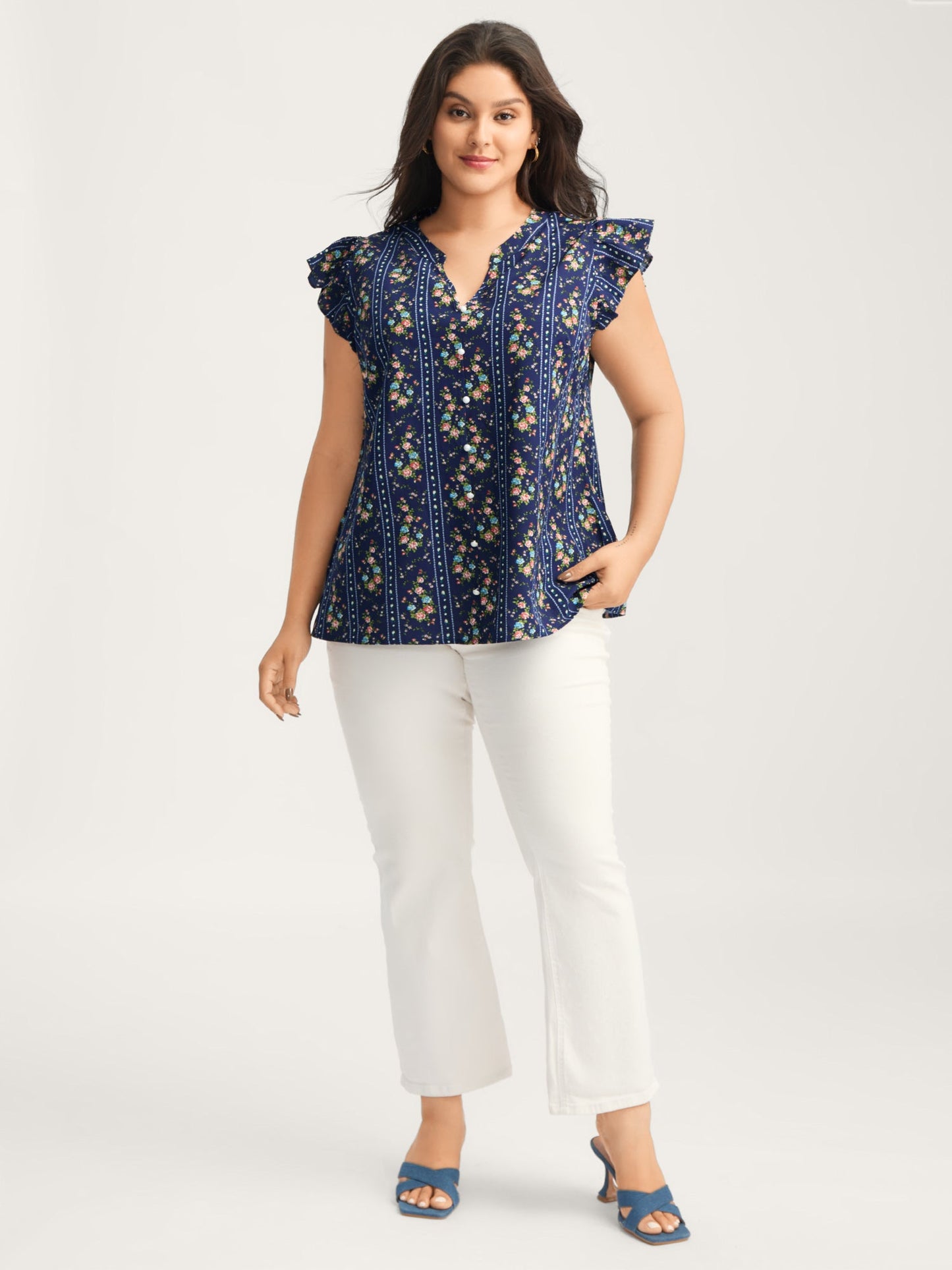 Floral Stripes Flutter Sleeve Blouse