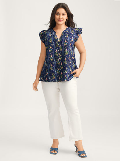 Floral Stripes Flutter Sleeve Blouse