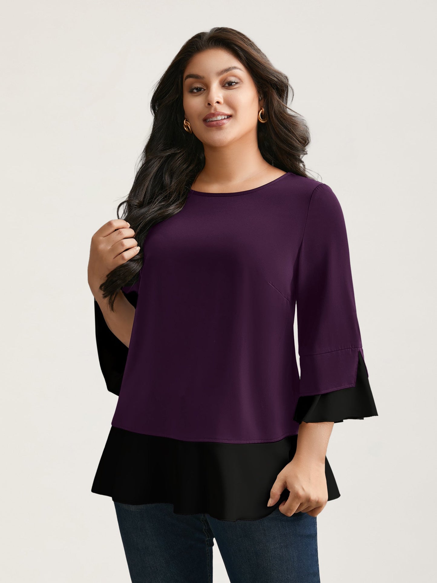 Contrast Patchwork Bell Sleeve Blouse