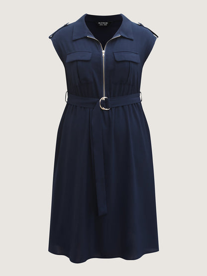 Half Zipper Pockets Belted Midi Dress