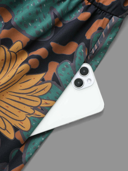 Boho Print Belted Lantern Sleeve Dress