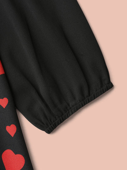 Heart Print Patchwork Waist-Tie Blouse