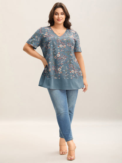 Garden Print Spliced V-Neck Blouse