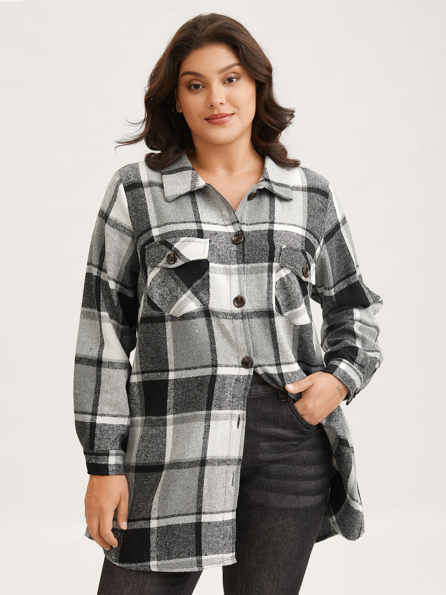 Plaid Chest Pockets Long Jacket