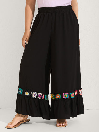 Stretchy Waist Crochet Floral Wide-Leg Pants