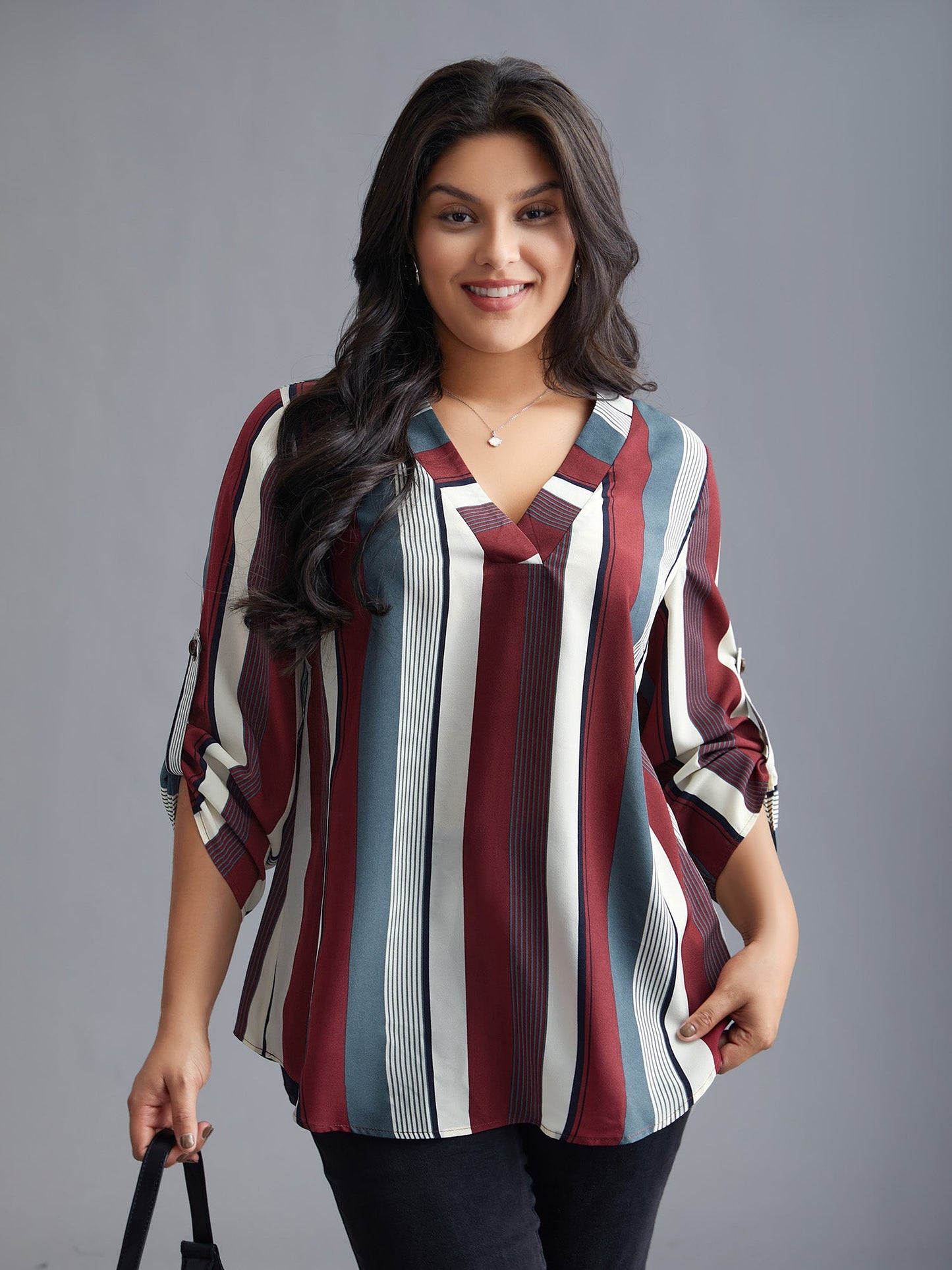 Vertical Striped V-Neck Tab Sleeve Blouse
