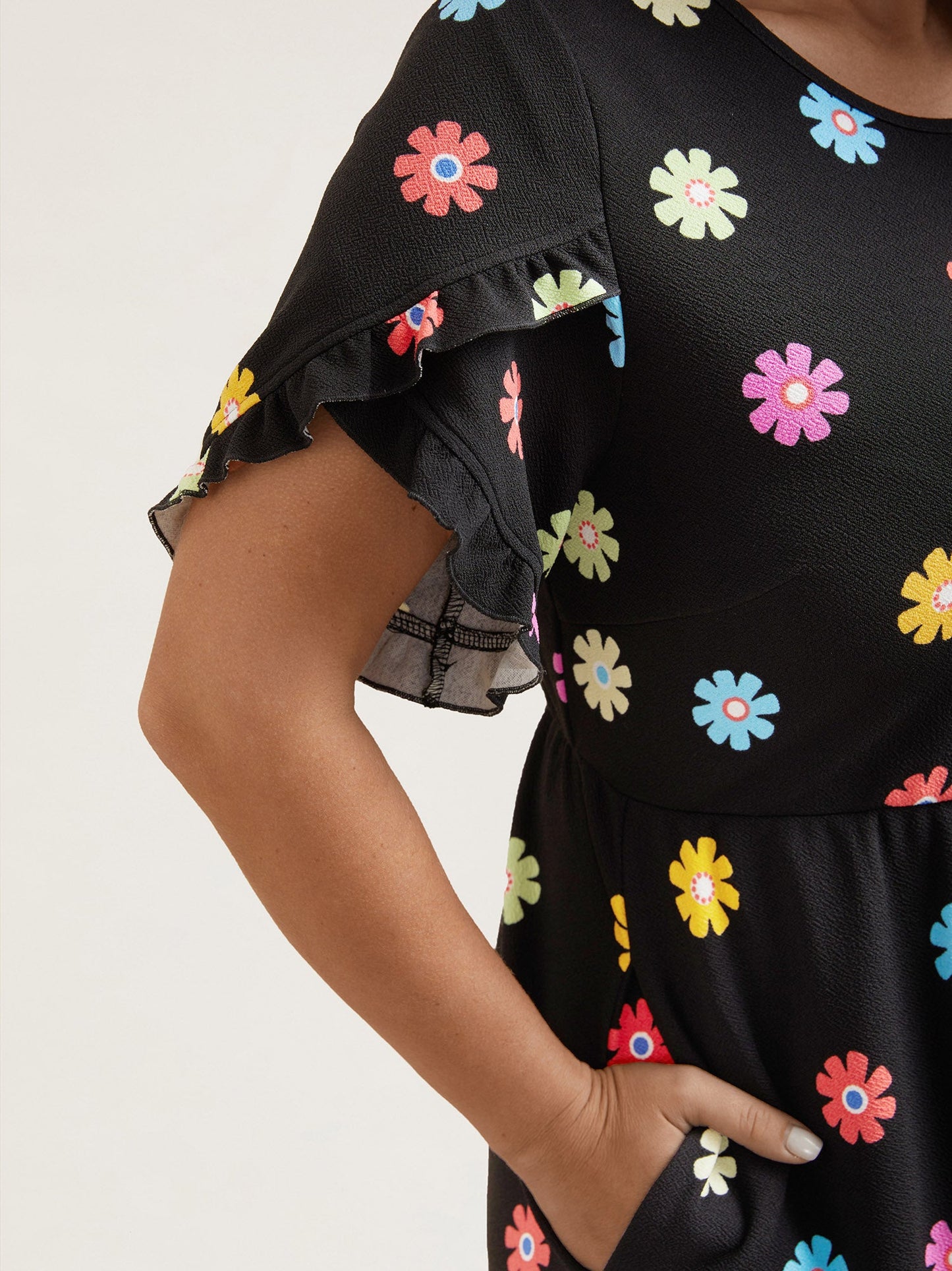 Stretchy-Waist Floral Print Pockets Midi Dress