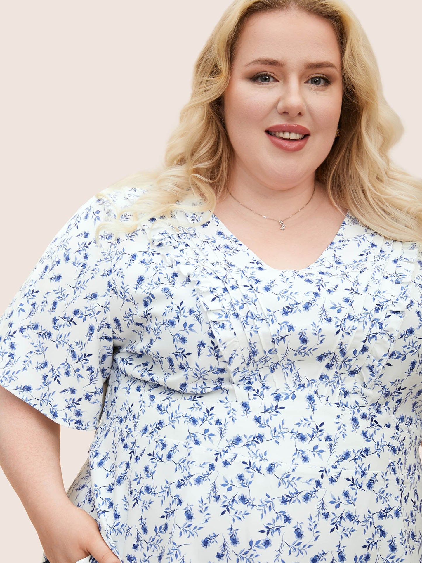 Floral Pleated Elastic Waist Ruffle Sleeve Blouse