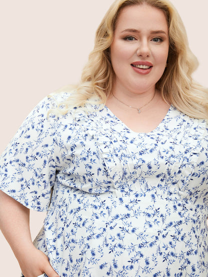 Floral Pleated Elastic Waist Ruffle Sleeve Blouse