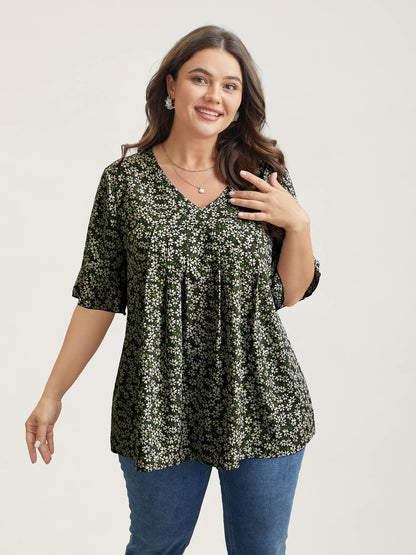 Ditsy Floral Pleated Flared Sleeve Shirt