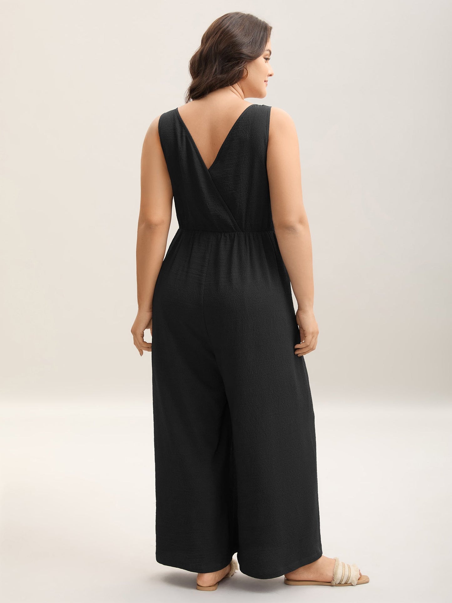 Shirred Pockets Wide-Leg Plain Jumpsuit
