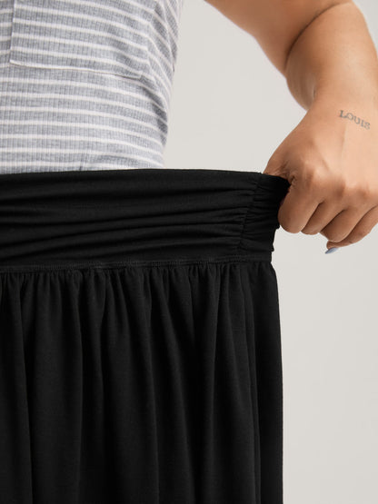 Ruched Waist Flowy Solid Midi Skirt