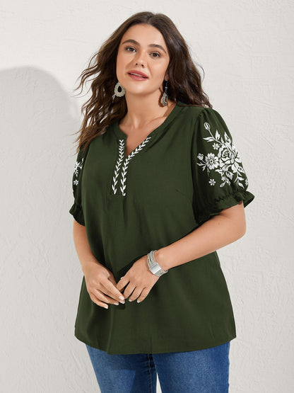 Notched Collar Embroidered Ruffled Blouse