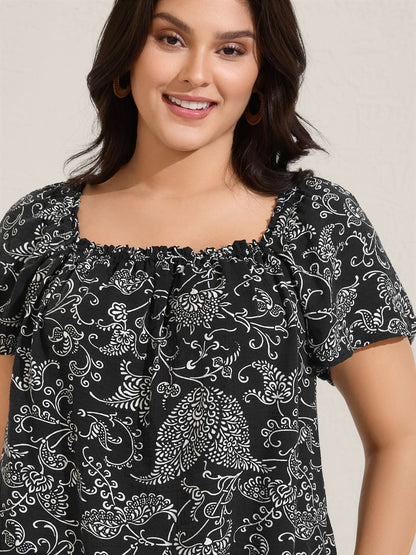 Floral Print Shirred Neck Flowy Blouse