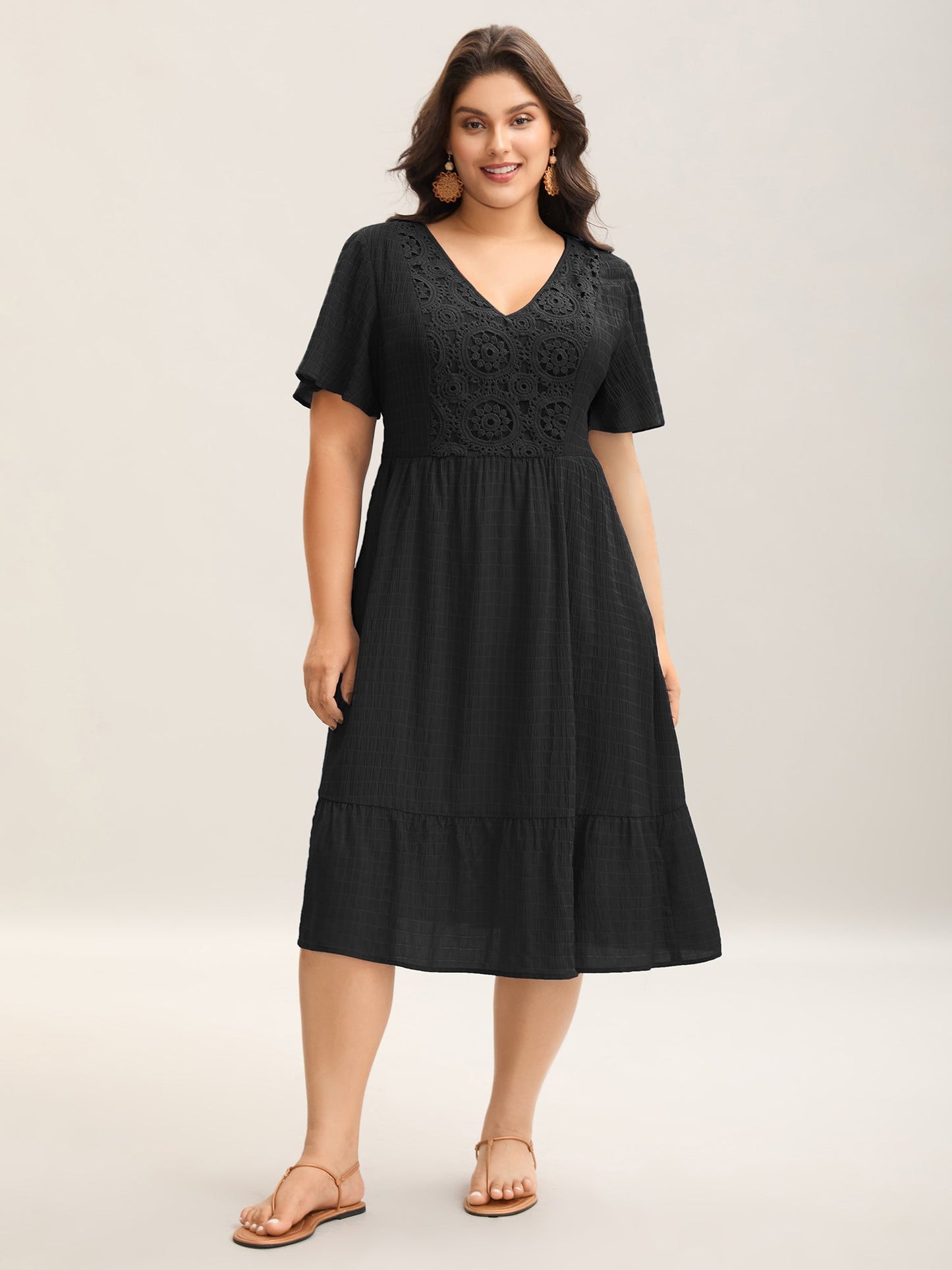 Lace Textured Pockets Tiered Midi Dress