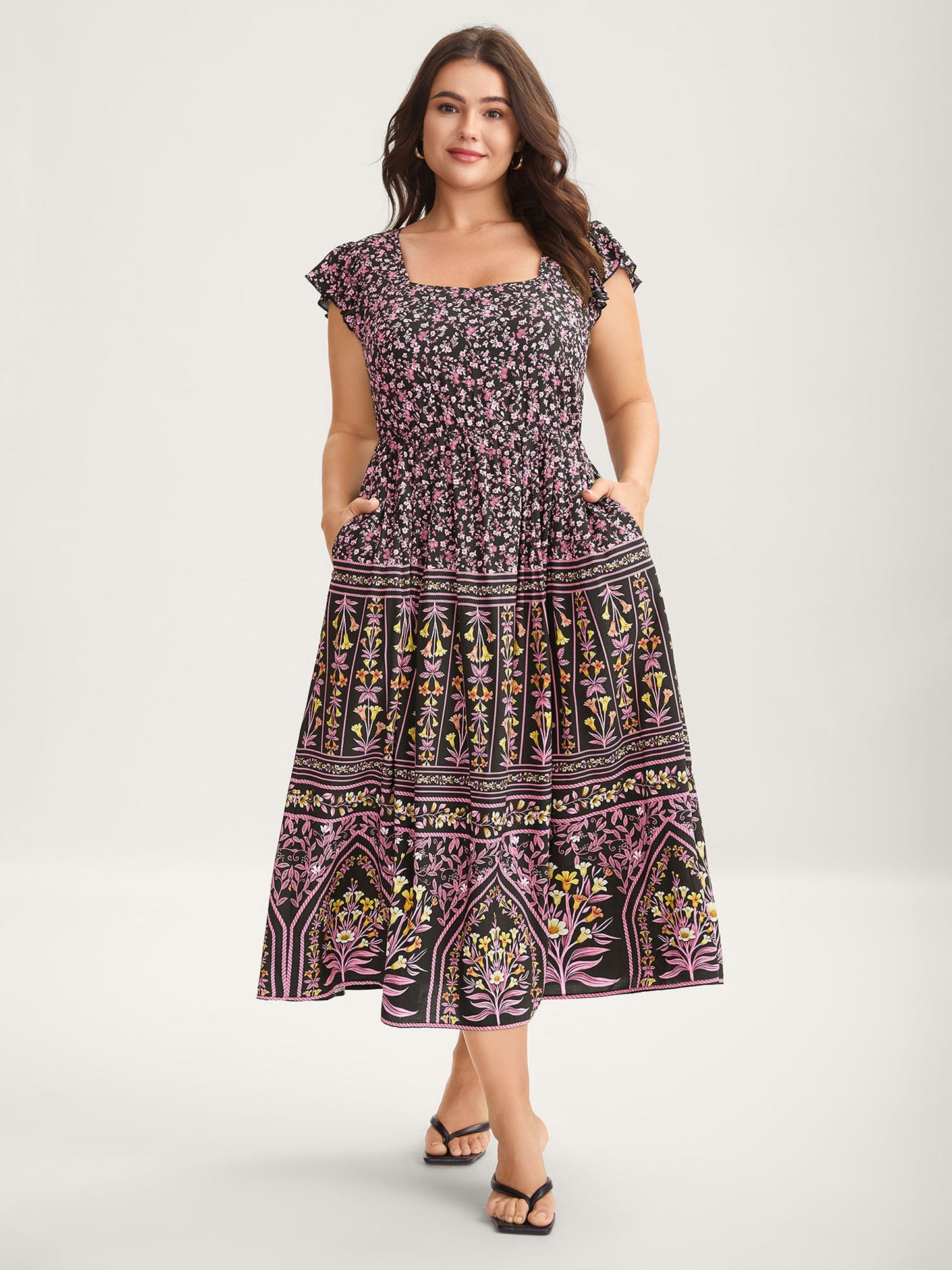 Rayon Garden Fresh Ruffled Sleeve Midi Dress