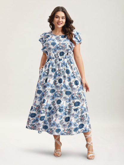 Ruffled Floral Print Stretchy-Waist Midi Dress