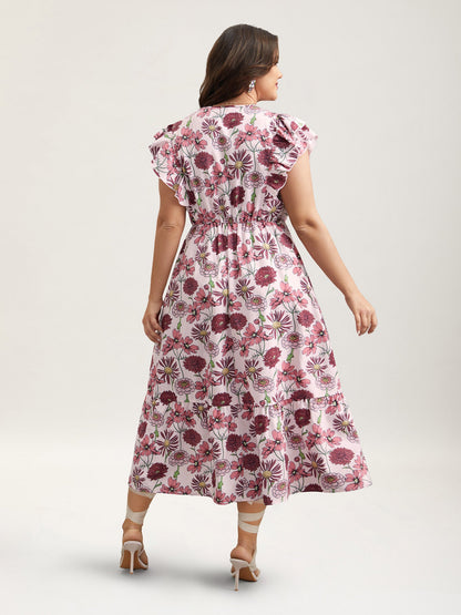 Ruffled Floral Print Stretchy-Waist Midi Dress