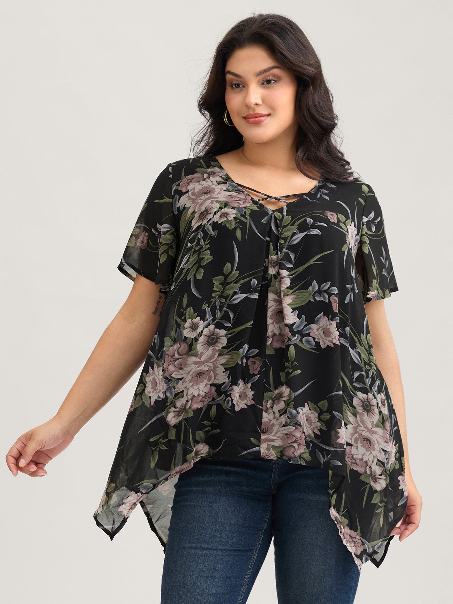 Chiffon Floral Crisscross Hanky Hem Blouse