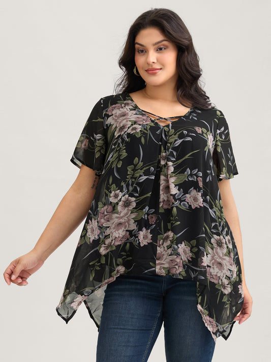 Chiffon Floral Crisscross Hanky Hem Blouse