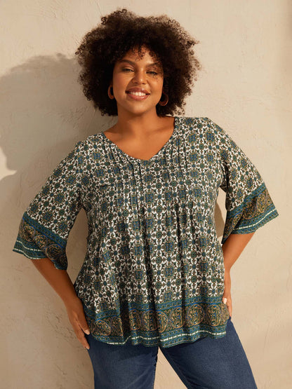 Pin-Tuck Pleat Ornate Print Relaxed Fit Shirt