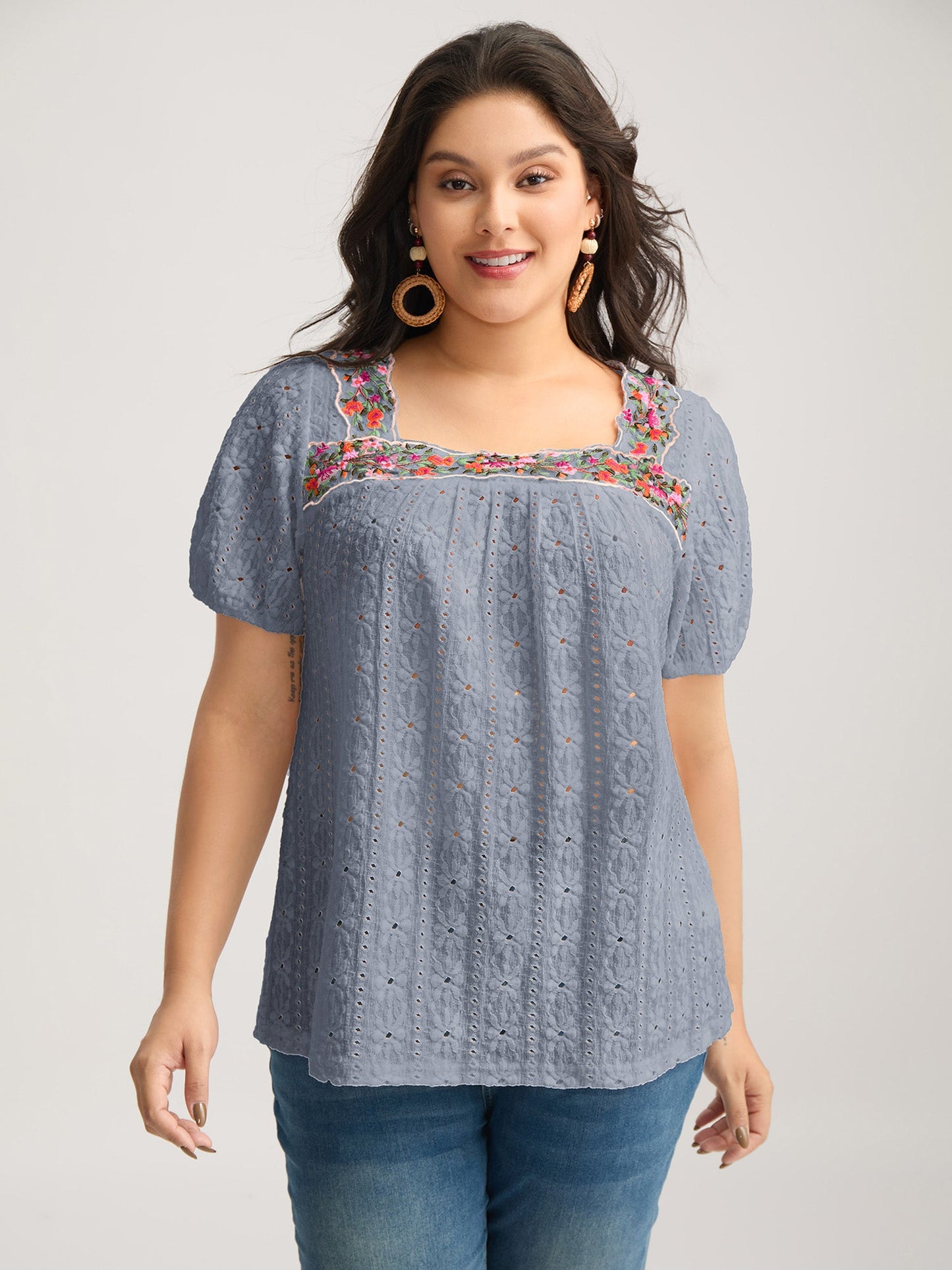 Eyelet Trim Floral Embroidered Solid T-Shirt