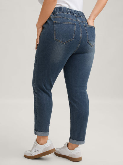 Drawstring Elastic Waist Roll Hem Jeans