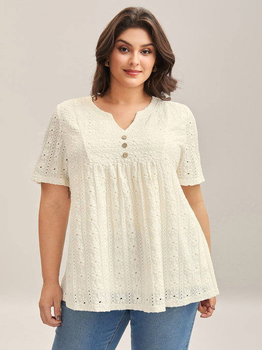 Textured Pleated Split Neck T-Shirt