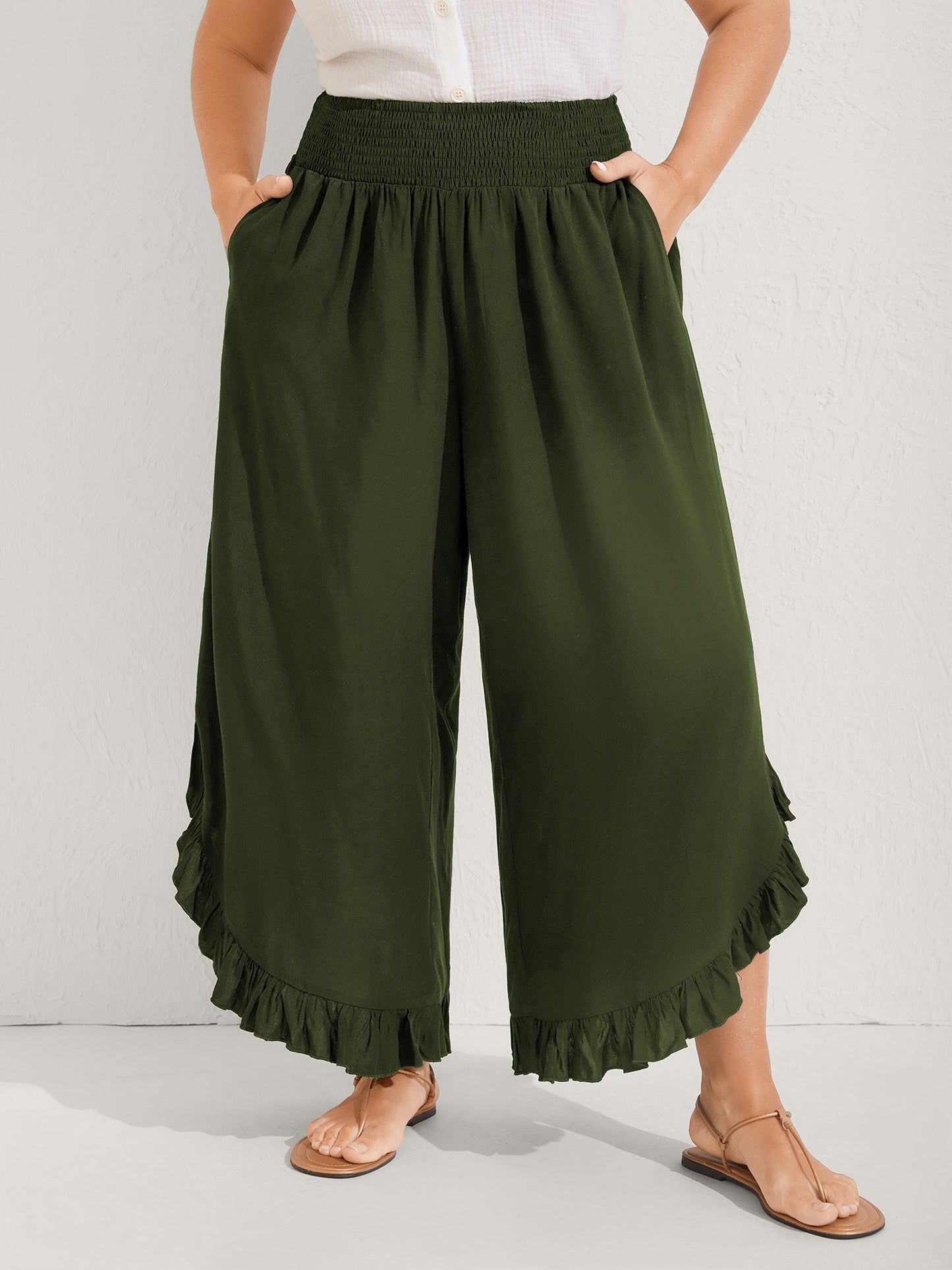 Ruffled Curvy Hem Wide-Leg Pants
