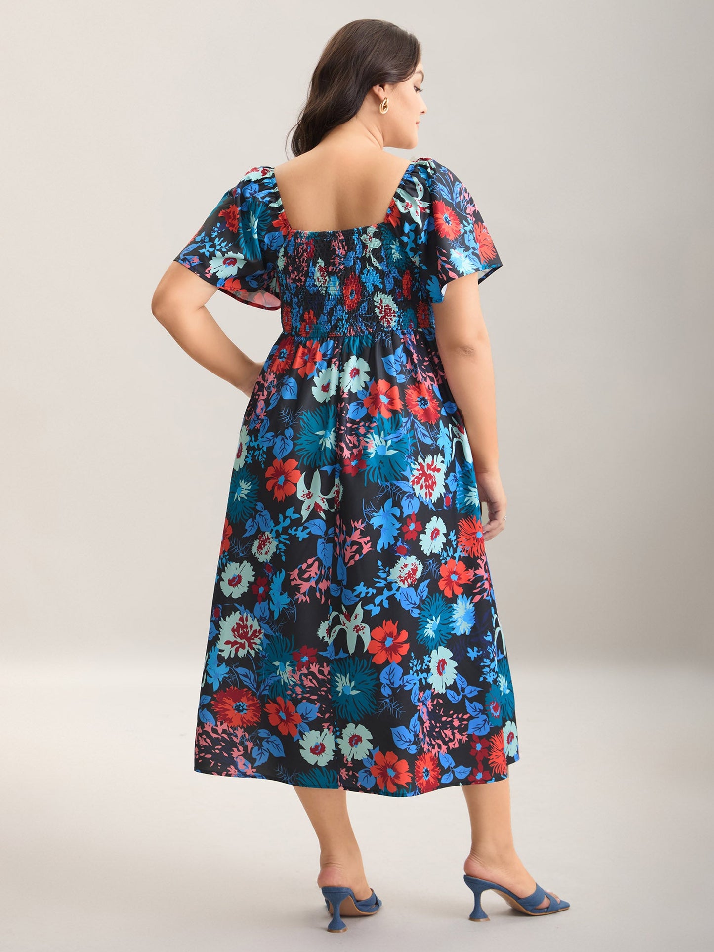 Floral Shirred Square Neck Pocket Midi Dress