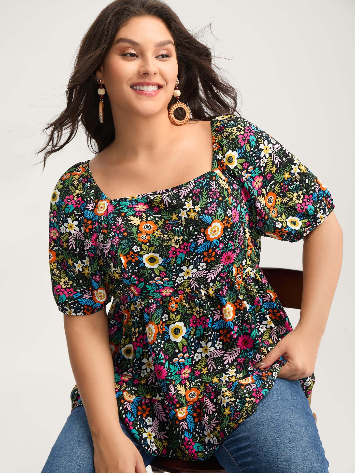 Floral Square Neck Fit and Flare Blouse
