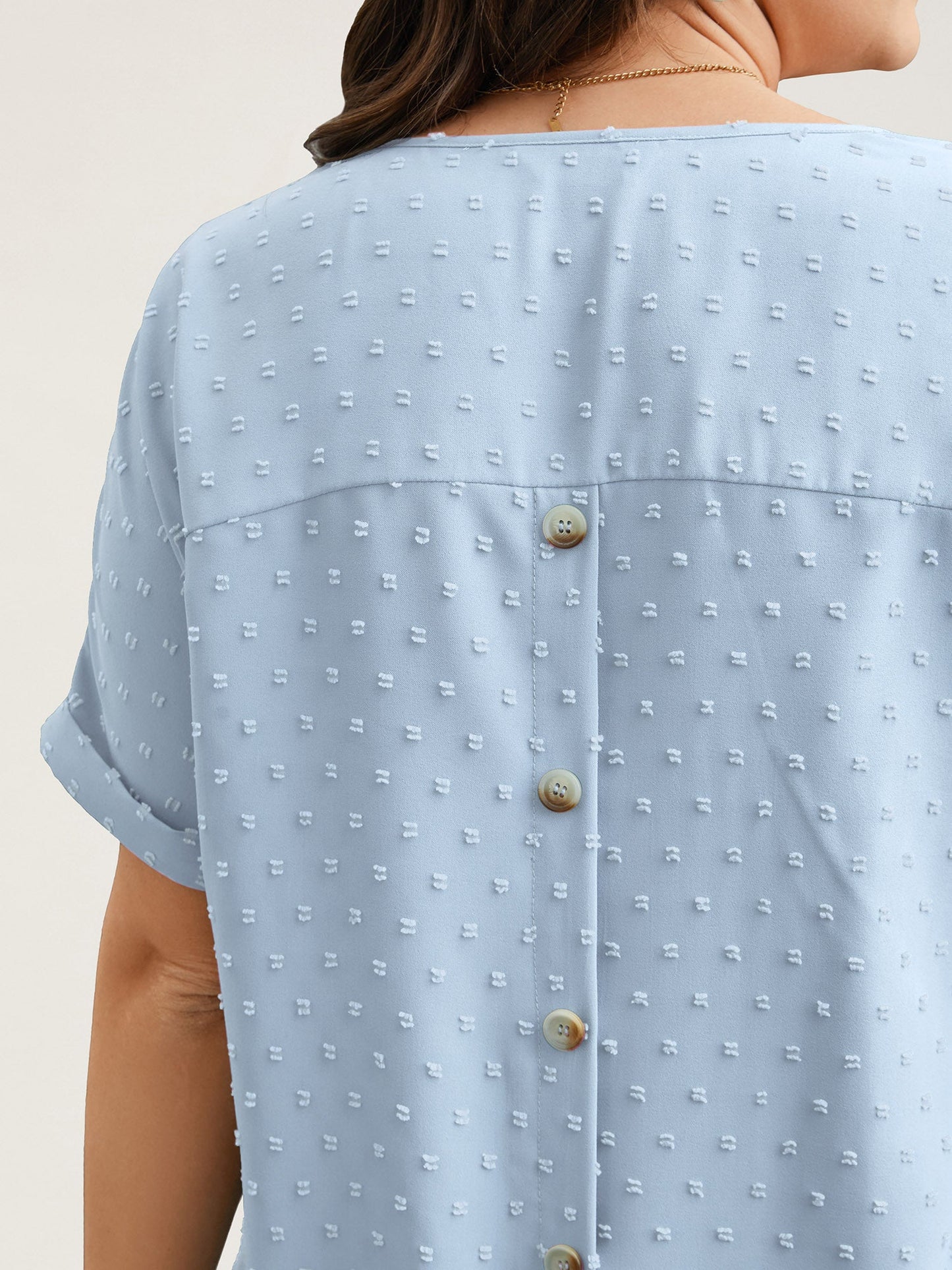 Back-Button Textured V-Neck Shirt