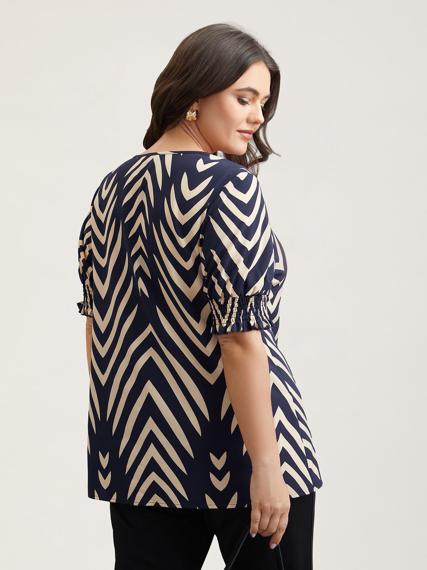 Geometric Print Ruffled Shirred Shirt