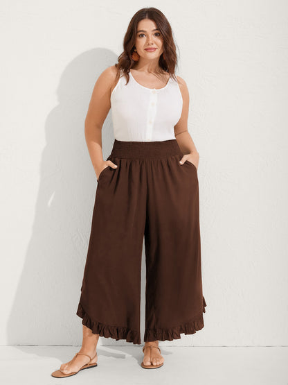 Ruffled Curvy Hem Wide-Leg Pants