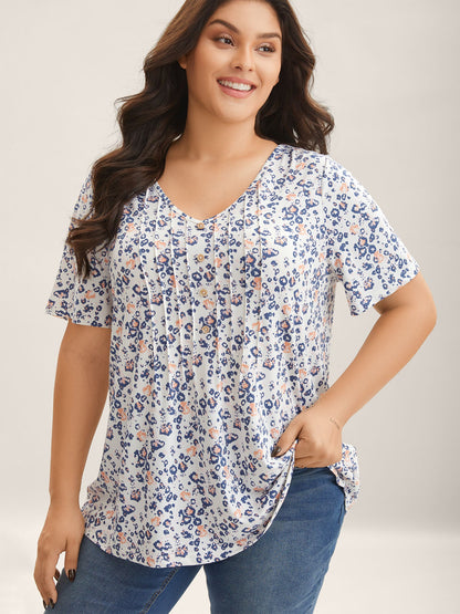 Floral Print Plicated Detail T-Shirt