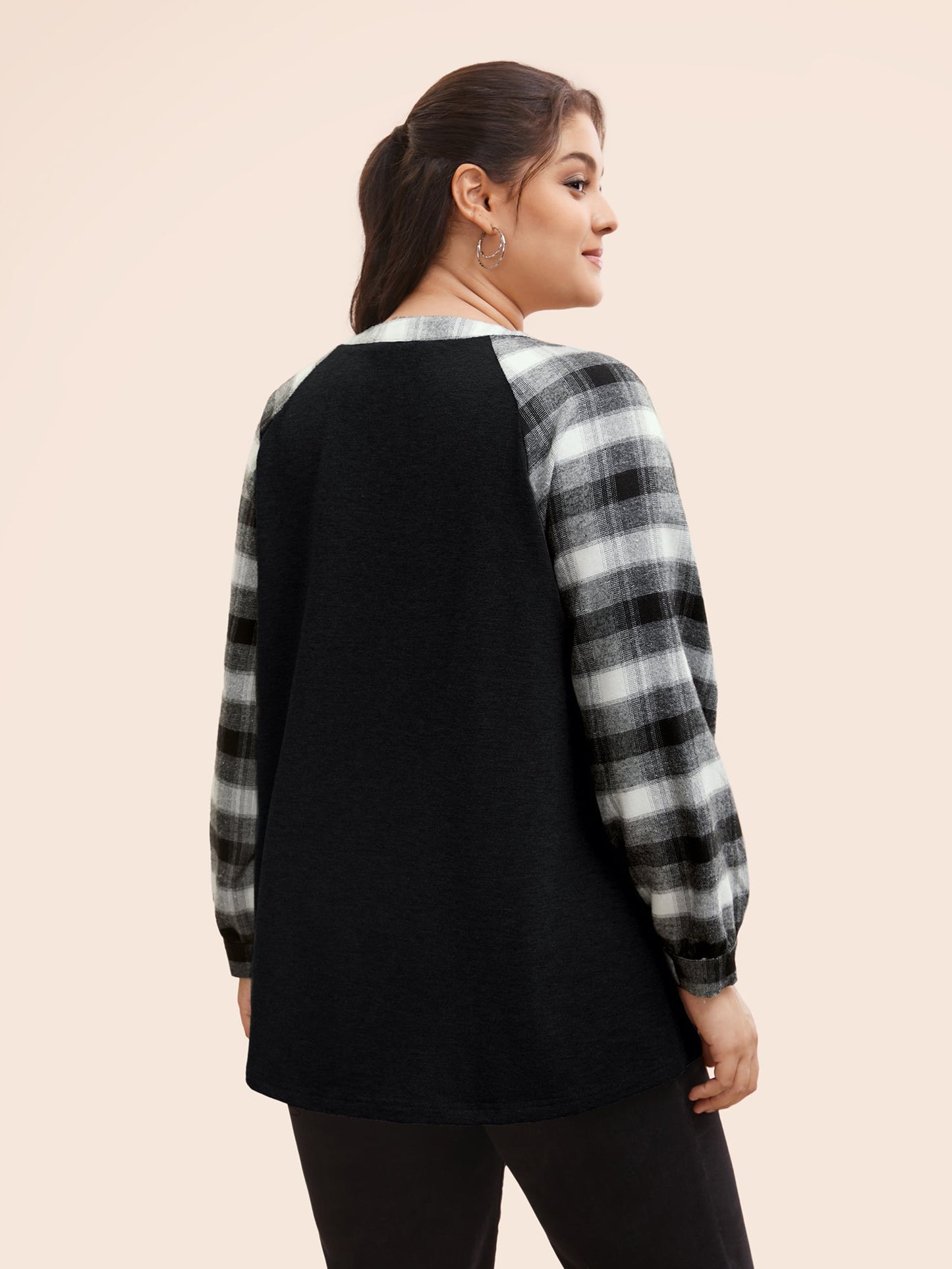 Plaid Patchwork Notched Button Detail Sweatshirt