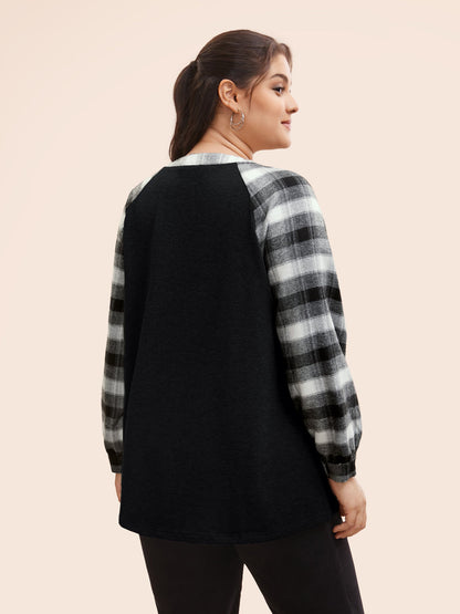 Plaid Patchwork Notched Button Detail Sweatshirt
