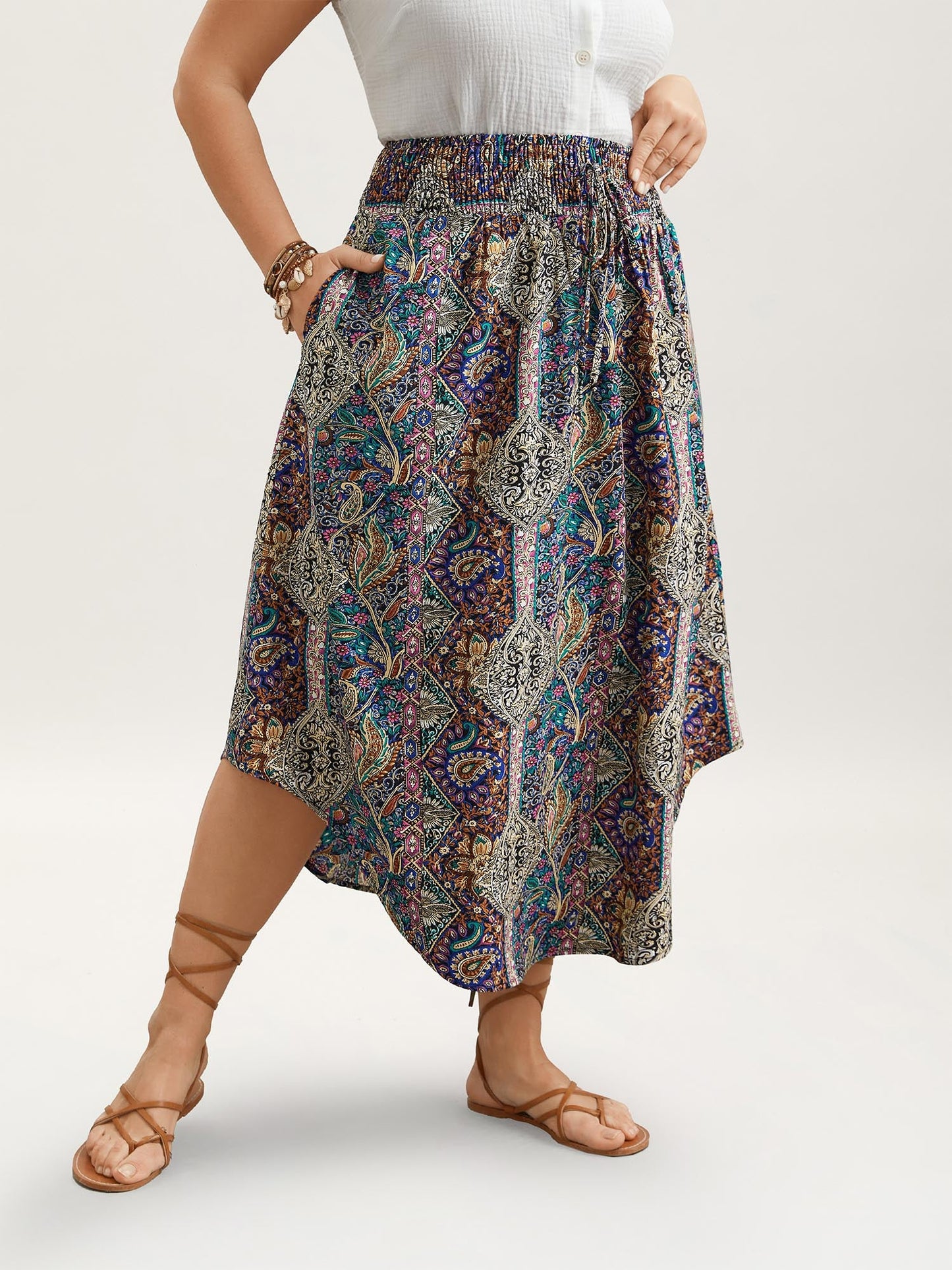 Boho Print Shirred Waist Midi Skirt