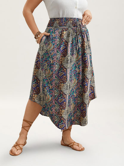 Boho Print Shirred Waist Midi Skirt