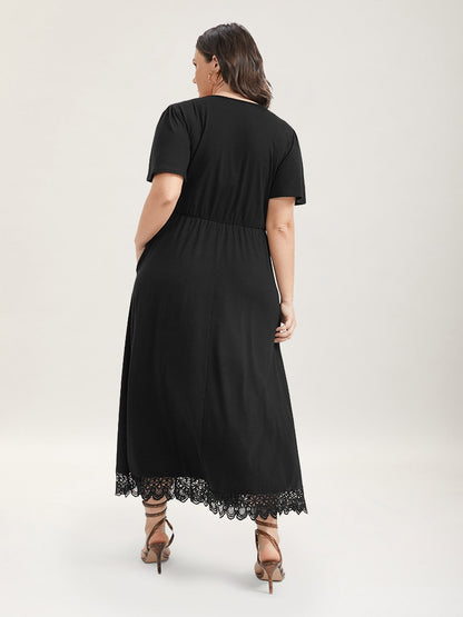 Solid Pocket Contrast Lace Split Maxi Dress