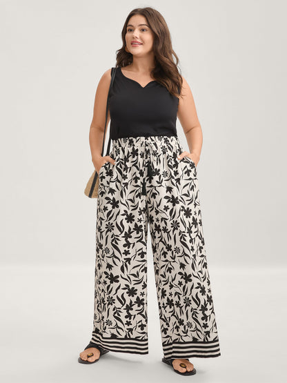 Floral Print Wide-Leg Contrast Pants