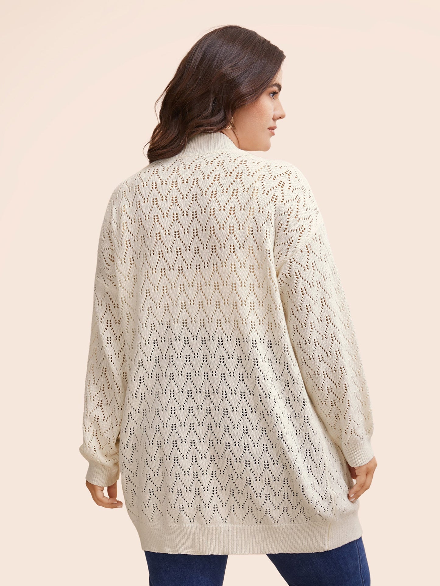 Kimono Collar Patch Pocket Pointelle Knit Cardigan