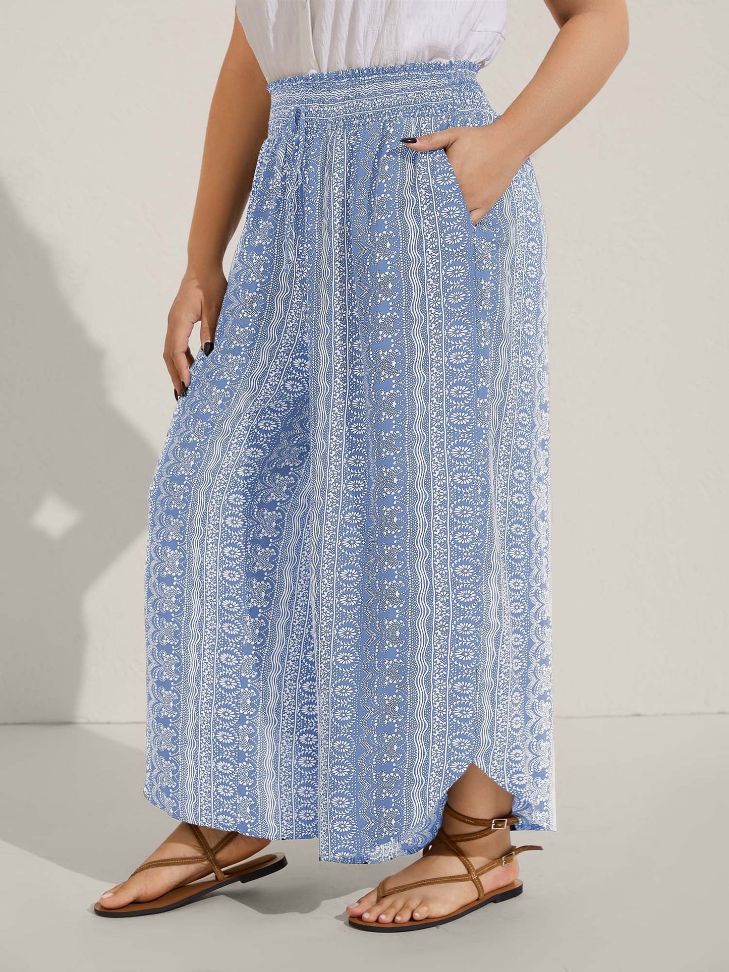 Boho Print Shirred Waist Wide-Leg Pants