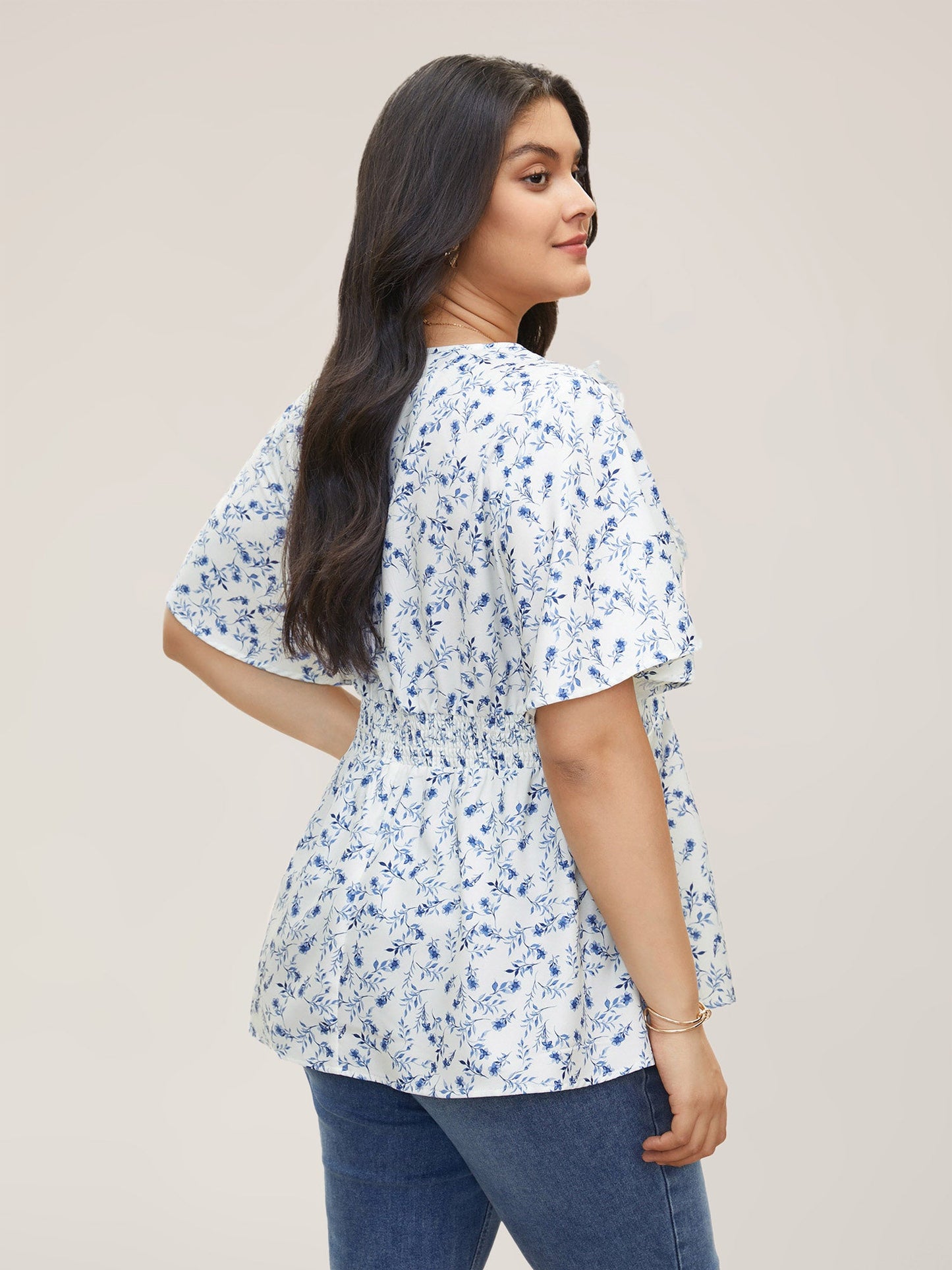 Floral Pleated Elastic Waist Ruffle Sleeve Blouse