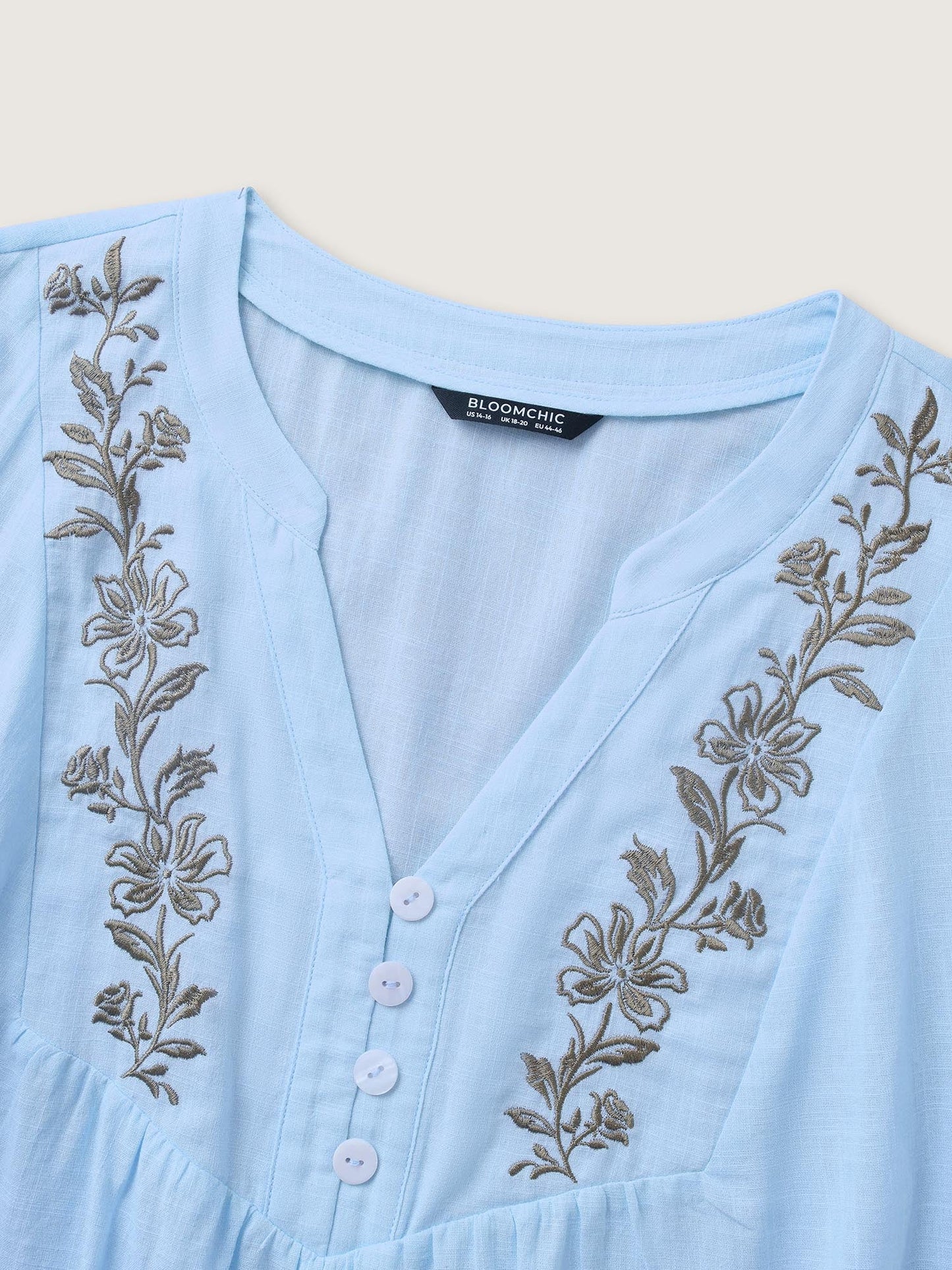 Cotton Floral Embroidered Notched Collar Frill Trim Blouse