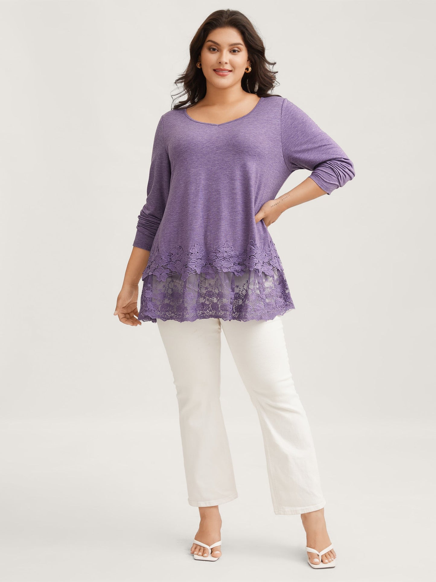 V Neck Lace Panel Jersey Top