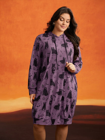 Pumpkin Cat Printed Hooded Midi Dress