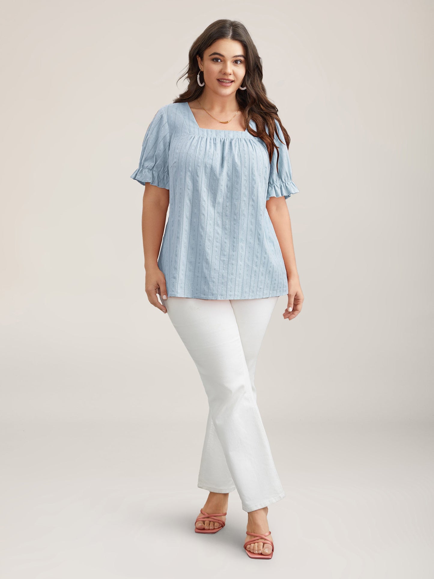 Cotton Square Neck Ruffled Sleeve Shirt