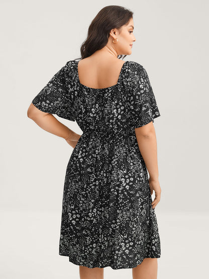 Floral Neck Drawstring Flared Sleeve Midi Dress
