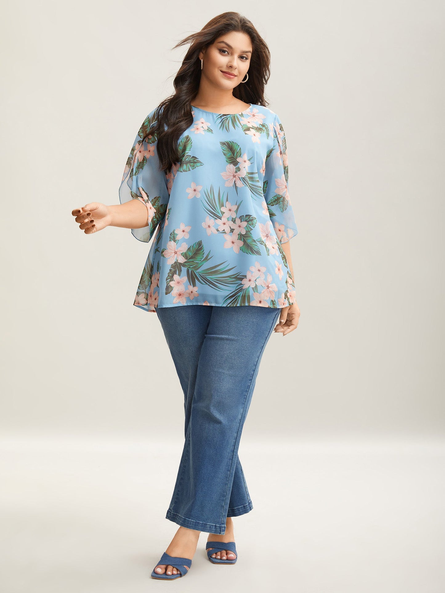 Petal Sleeve Floral Round Neck Shirt